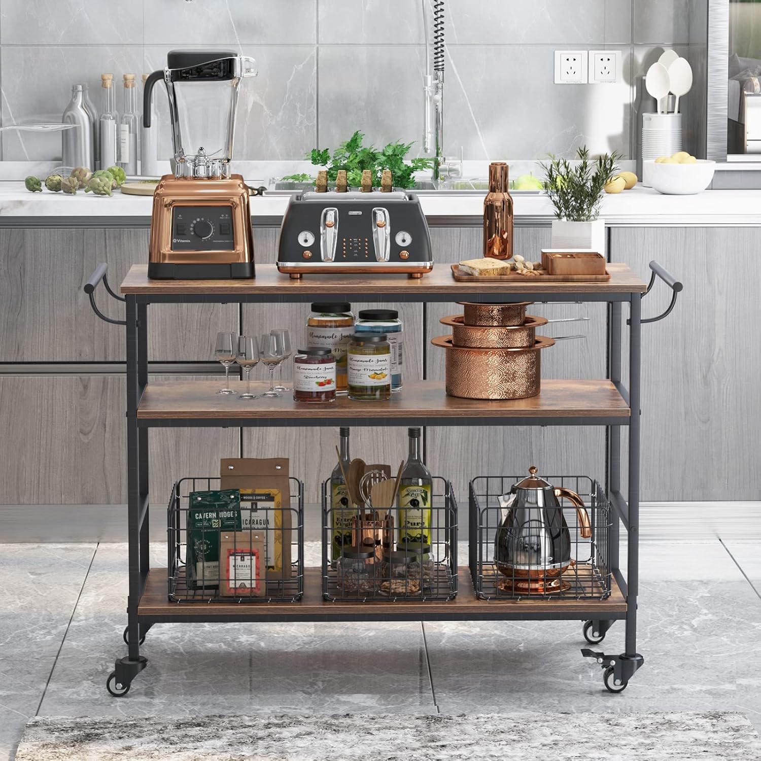 3-tier Kitchen Serving Carts, rolling storage trolley with 3 basket drawers, 45.3" practical microwave oven stand, lockable caster open storage rack