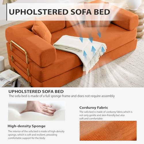 4-in-1 Folding Convertible Sofa Bed, 78 Inch Boneless Couch with Fixed-Shape Frame, Corduroy Loveseat Sleeper with Pull Out Bed