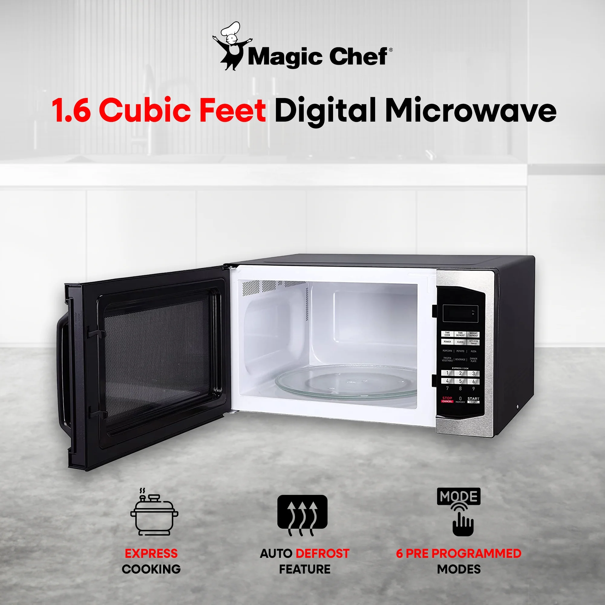 Magic Chef 1100 Watt 1.6 Cu. ft. Digital Countertop Microwave, Stainless Steel, New