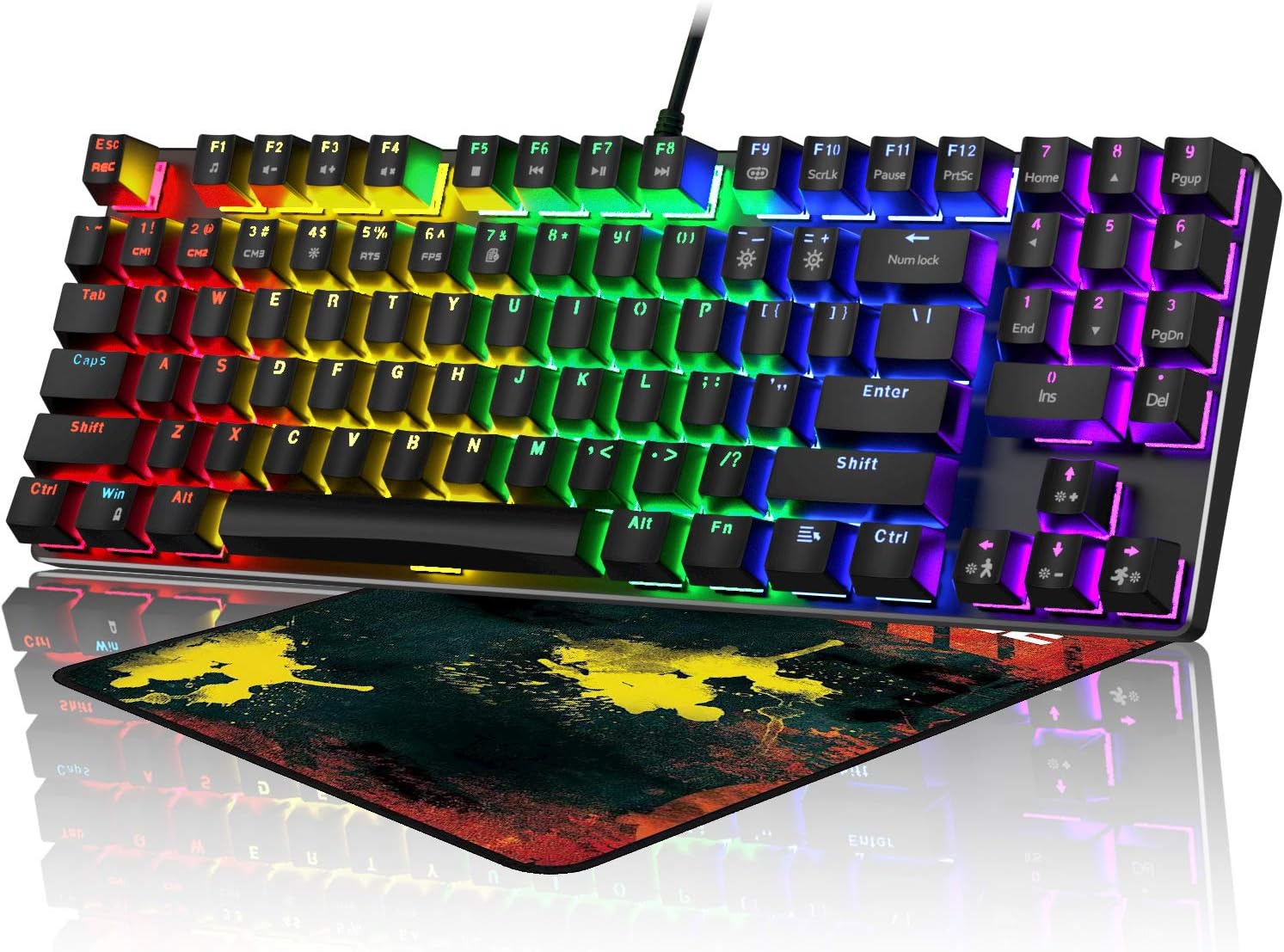 [2022 New Version] Mechanical Gaming Keyboard, RGB LED Rainbow Backlit Wired Keyboard - Compact 89 Keys with Multimedia Keys and Number Keys