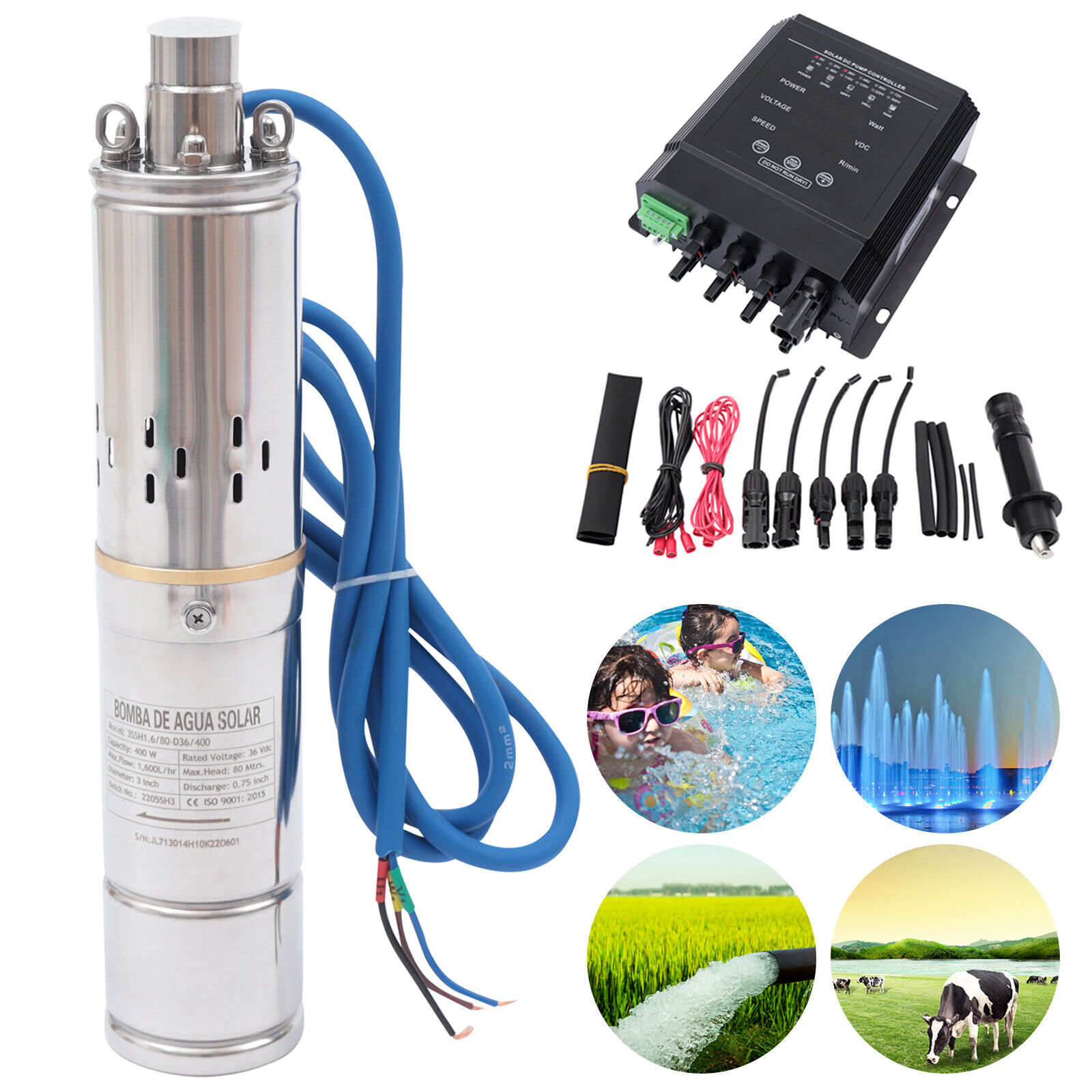 400W DC 36V Solar Water Pump 3" Submersible Deep Well Pump MPPT Controller 80m 3" DC Solar Water Pump 36V 400W Submersible Deep Well W/ Pump MPPT