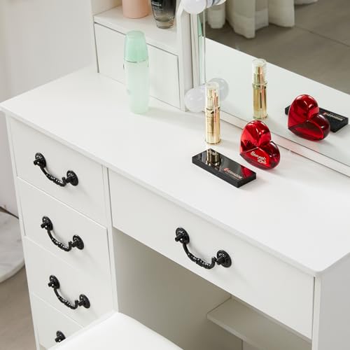 Vanity Desk with Mirror & Light,Makeup Vanity Table with Power Strip,Dressing Table Set with Large Drawers, White (VAN-07)