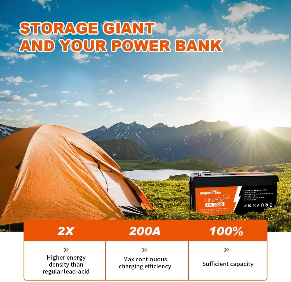 Ampere Time 12V 300Ah LiFePO4 Battery with 14.6V 20A Dedicated Lithium Battery Charger, Max 2560W Power Output, Built-in 200A BMS, 4000+ Cycles