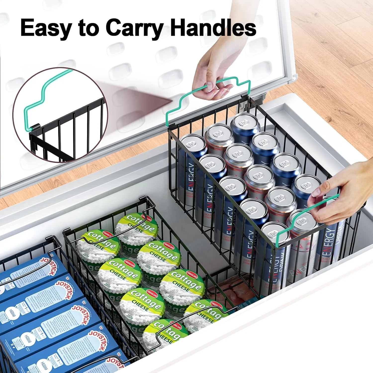 Organizer Bins, 4 Pack Stackable Deep Chest Freezer Organizer Bins, Foldable Baskets with Handles