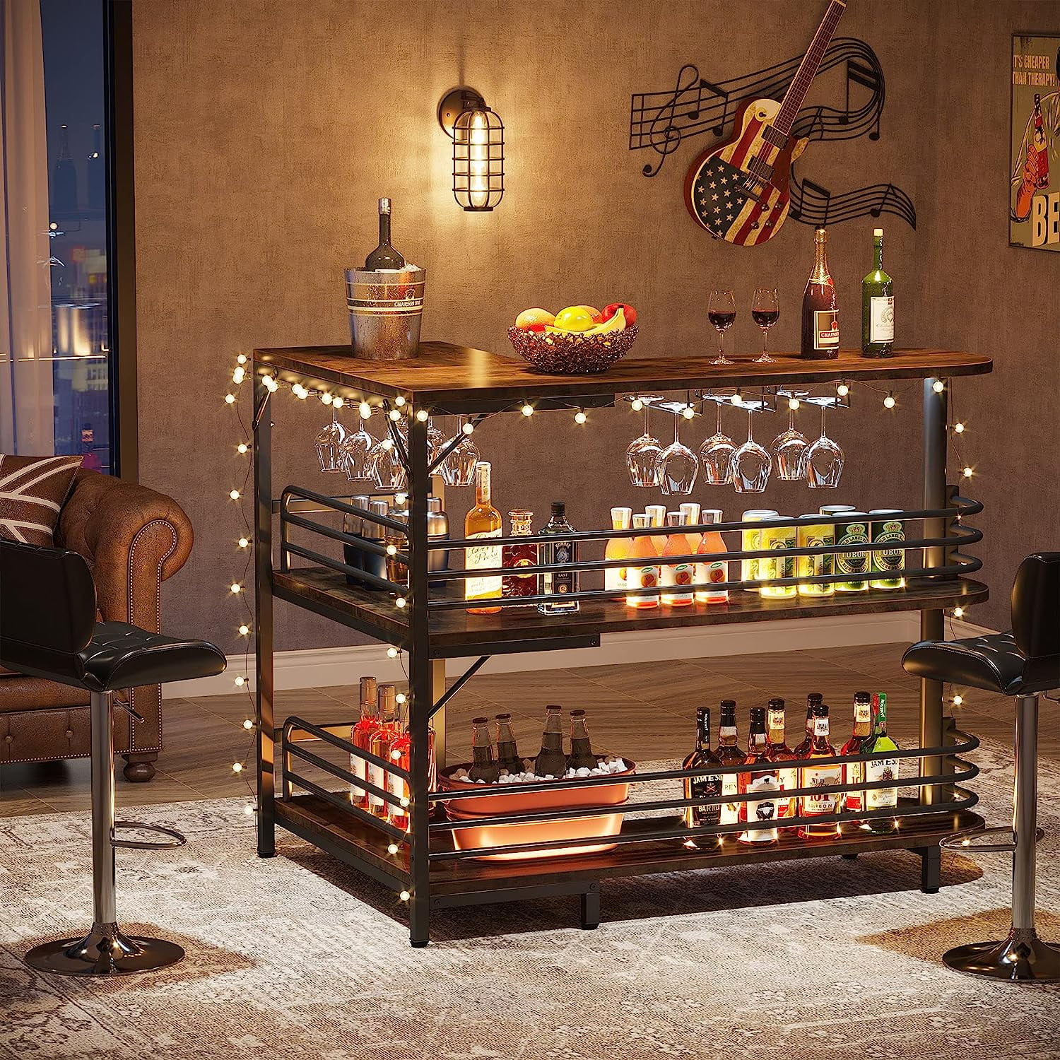 U-SHARE L-Shaped Home Bar Unit, 3 Tier Liquor Bar Table with Storage Shelves and Wine Glasses Holder