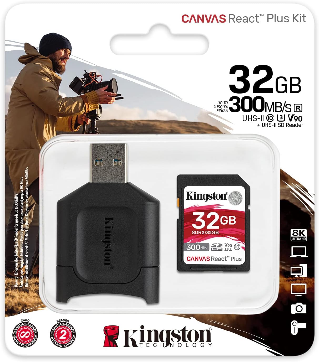 Kingston 32GB Canvas React Plus V90 UHS-II SDXC Card with UHS-II SD Card Reader (2-Pack) and Memory Case Bundle (3 Items) Pack of 2