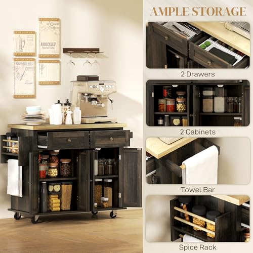 HOMCOM Kitchen Island on Wheels, Rolling Cart with Rubberwood Top, Spice Rack, Towel Rack and Drawers for Dining Room, Navy Blue