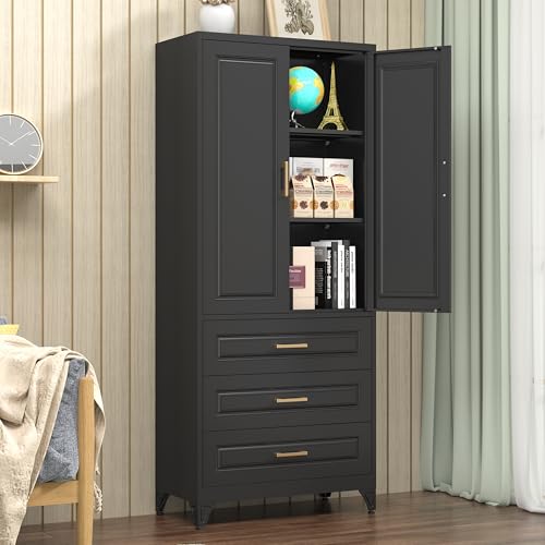 Pantry Cabinet, 71 Inch Tall Kitchen Storage Cabinet, Metal Pantry Cabinet with Doors and Adjustable Shelves, Black Food Cupboard