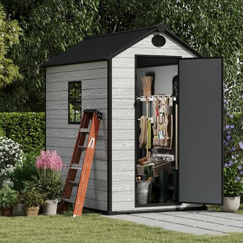 4.4x6 FT Resin Outdoor Storage Shed, 230 Cuft Garden Tool Sheds & Outdoor Storage Plastic Shed with Floor