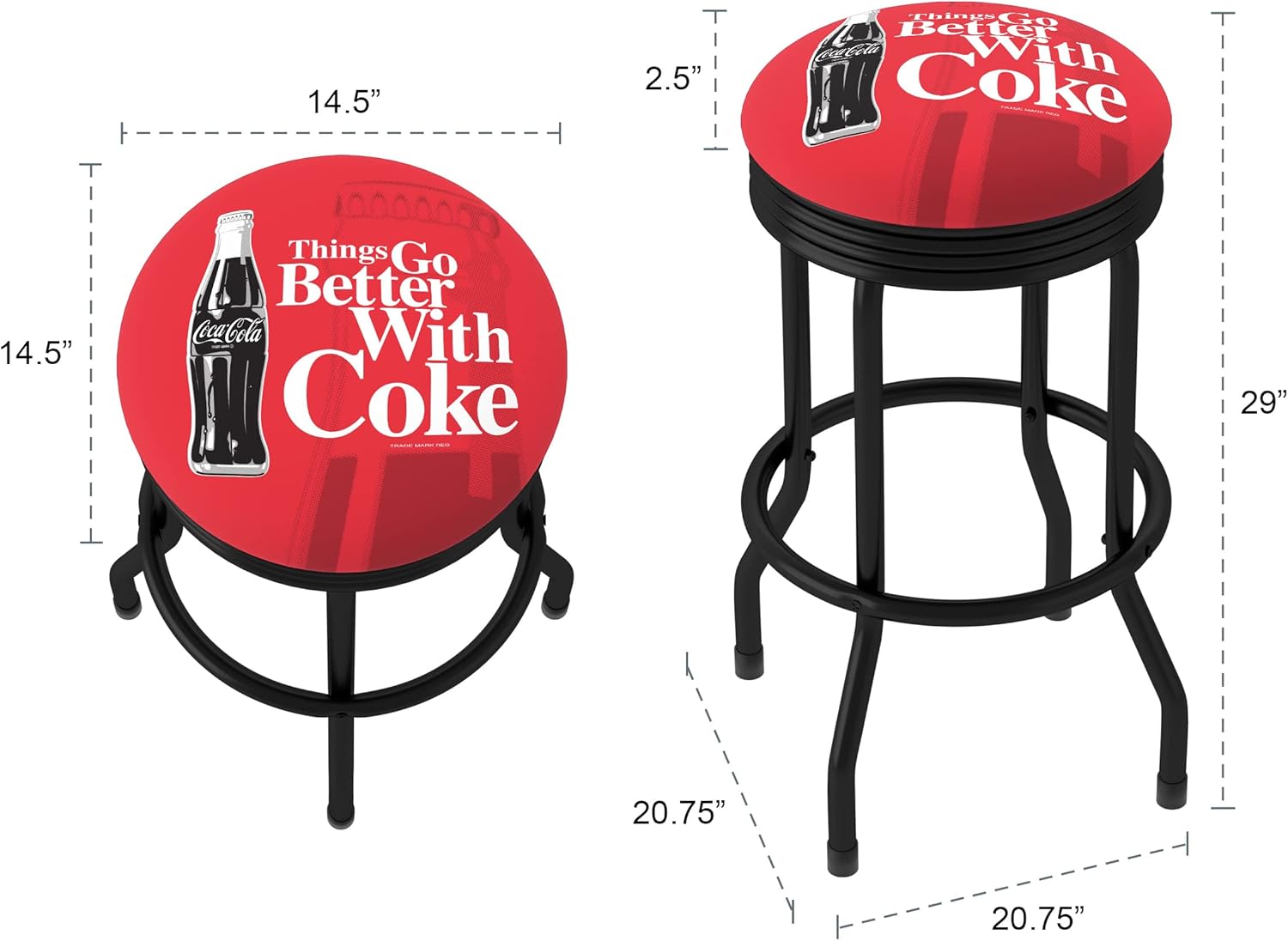 Bar Stool - Coca-Cola Things Go Better with Coke Bottle Art Stool with Retro Black Ribbed Side - Swivel Chair for Game Room, Garage