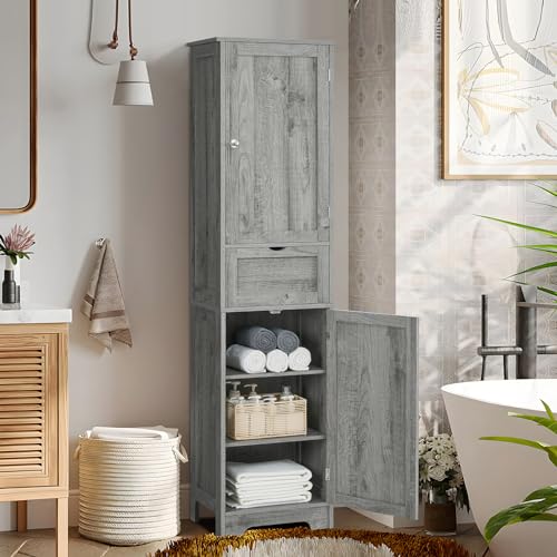 Iwell 67" Tall Bathroom Cabinet, Storage Cabinet with 2 Doors & 1 Drawer, Bathroom Storage Cabinets with Adjustable Shelves, for Living Room