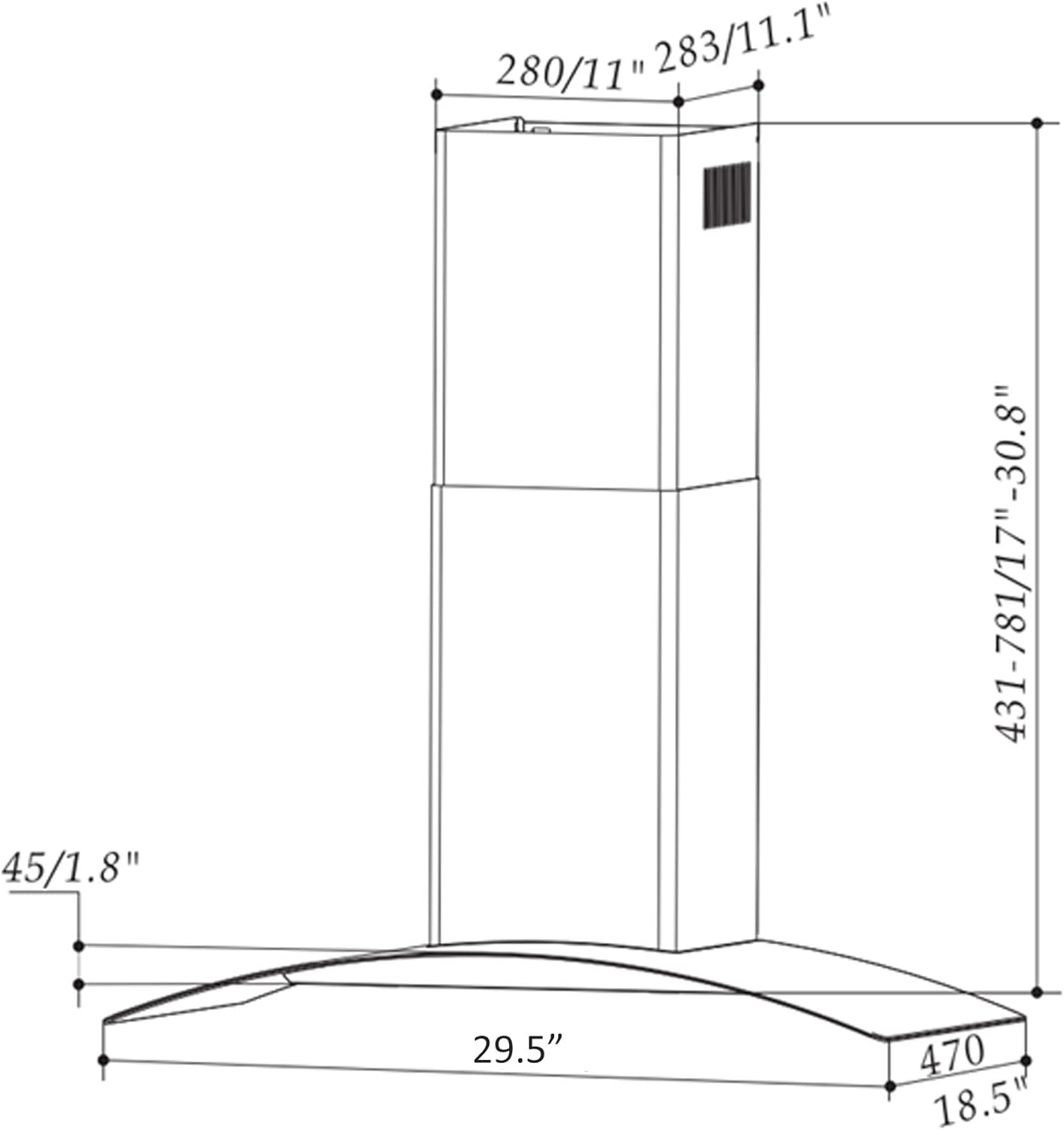 AKDY 217 CFM Convertible Wall Mount Range Hood with Tempered Glass and Carbon Filters in Black Painted Stainless Steel (30 in)