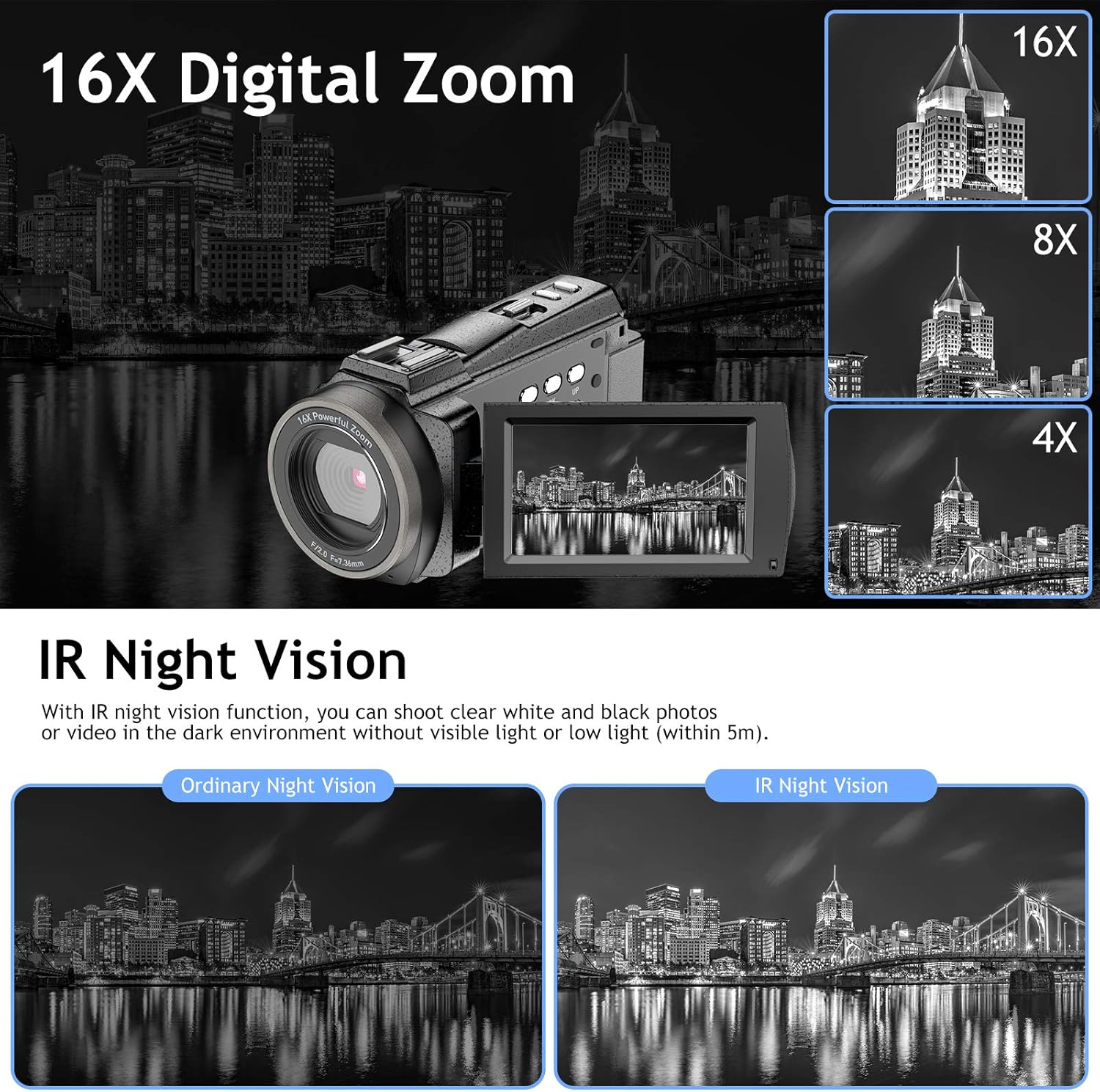 Video Camera Camcorder 4K 48MP Ultra HD YouTube Vlogging Camera IR Night Vision WiFi Digital Camera Recorder 16X Digital Zoom Touch Screen Video