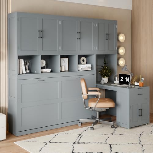 Twin Murphy Bed with Storage Cabinet, Bookcase, Storage Drawers and Desk, Wooden Wall Bed Frame Folding Bed Frame for Guestroom, Office, Apartment