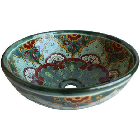 Green Greca Round Ceramic Talavera Vessel Sink