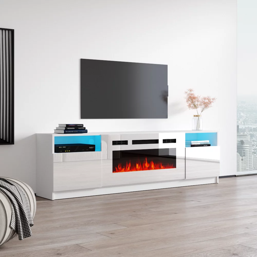 York WH02 Fireplace TV Stand for TVs up to 90", Modern High Gloss 79" Entertainment Center