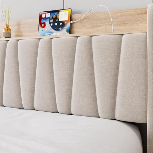 IDEALHOUSE Queen Size Bed Frame with Storage Headboard, Upholstered Platform Beds with Drawers, Charging Station, Noise-Free, No Box Spring Needed