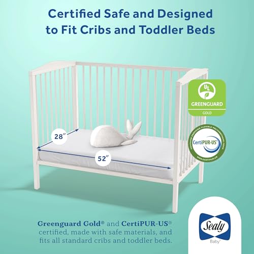SEALY BABY OmniPedic Refresh Breathable Crib Mattress, GREENGUARD Gold Certified, Made in USA, Removable Knit Cover, 2 Stage, Toddler Bed Fit