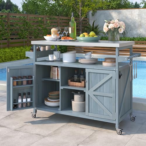 Farmhouse Kitchen Island with Power Outlet, Drop Leaf, Spice Rack and Drawer,Rolling Kitchen Cart on Wheels