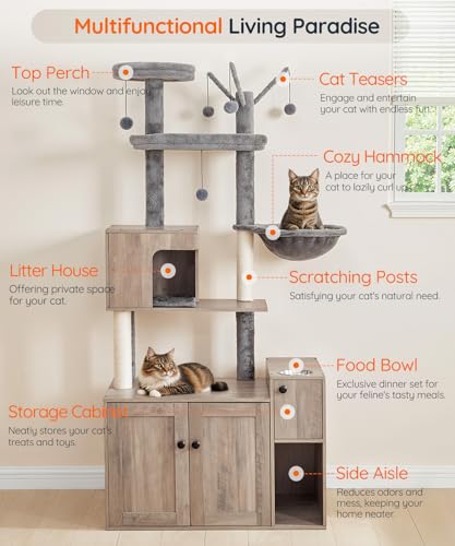 HOOBRO Cat Tree with Litter Box Enclosure, 68.9" H Cat Tower with Food Bowl and Storage, Hidden Litter Enclosure Furniture