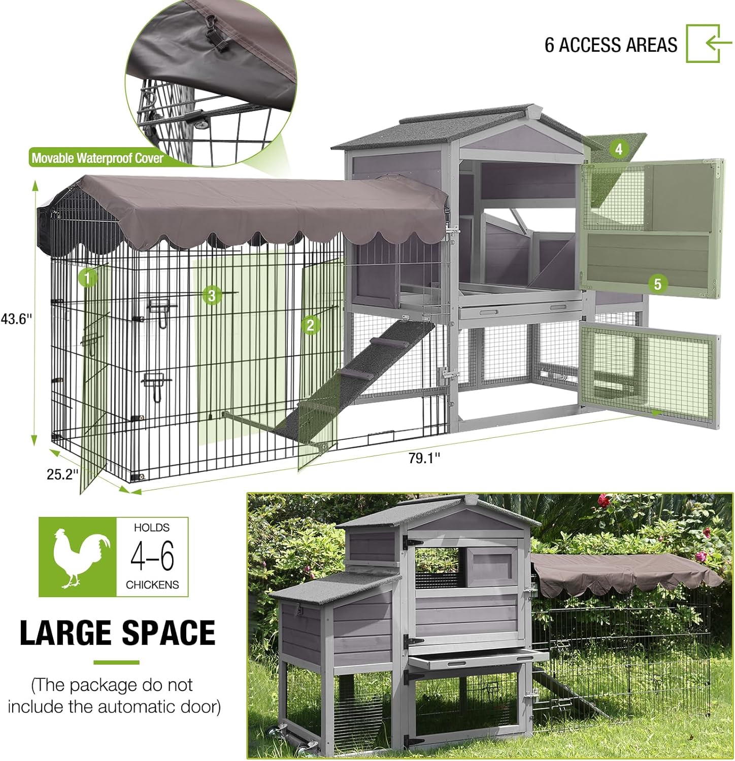 Mobile Chicken Coop 79" Large All-Steel Frame Hen House Poultry Cage with Metal Run,Waterproof Rain Cover