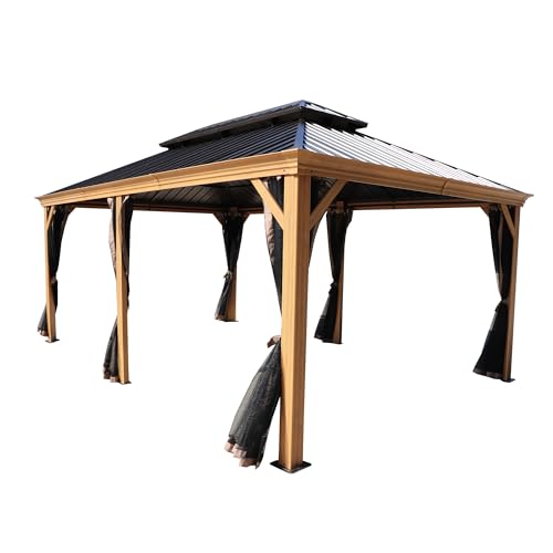 Kozyard Apollo 10’x12’ Hardtop Gazebo, Wooden Coated Aluminum Frame Canopy with Galvanized Steel Double Roof