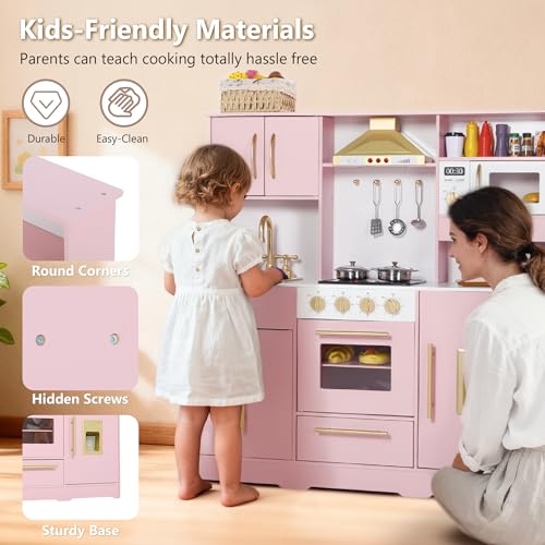 Kinder King Wooden Kids Play Kitchen, Toy Kitchen Playset for Toddler, Play Kitchen Set w/Real Sounds, Pretend Coffee Machine, Kitchen Hood, Sink