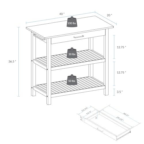 Casual Home Kitchen Island with Solid American Hardwood Top, Natural/White, 40" W (373-91)