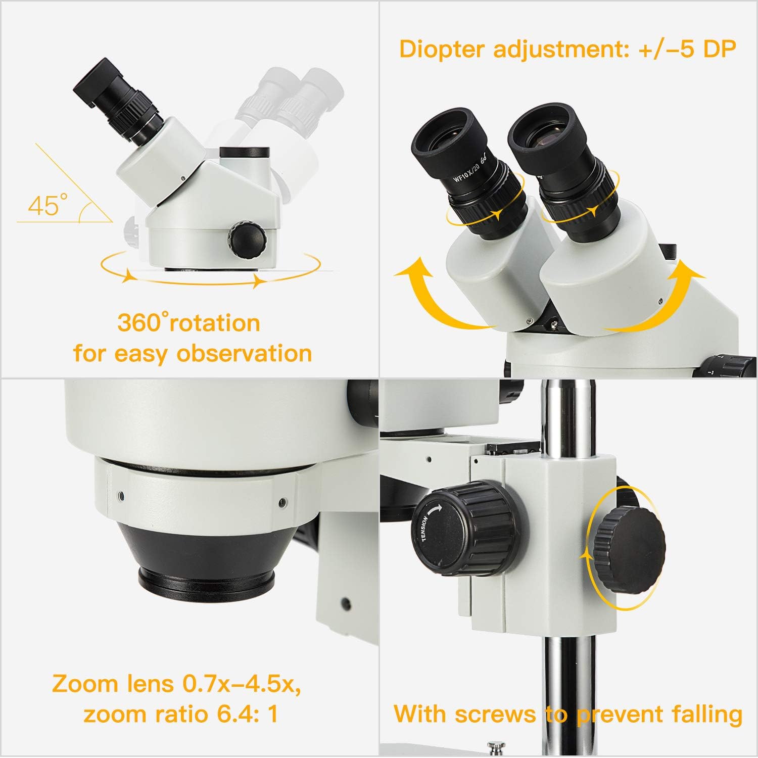 SWIFT Digital Professional Trinocular Stereo Zoom Microscope,WF10X Eyepieces,3.5X-90X Magnification,0.7X-4.5X Zoom Objective,56-Bulb LED Ring Light