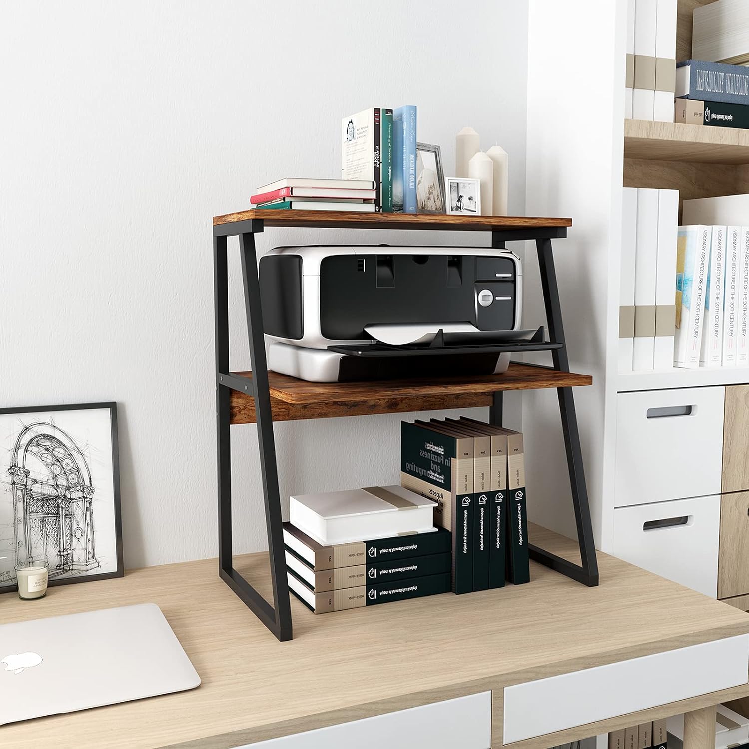 PUNCIA Desktop Printer Stand 3-Tier Large Size High Capacity Storage Shelves Multi-Purpose Desk Office Organization and Storage for Printer Fax Book