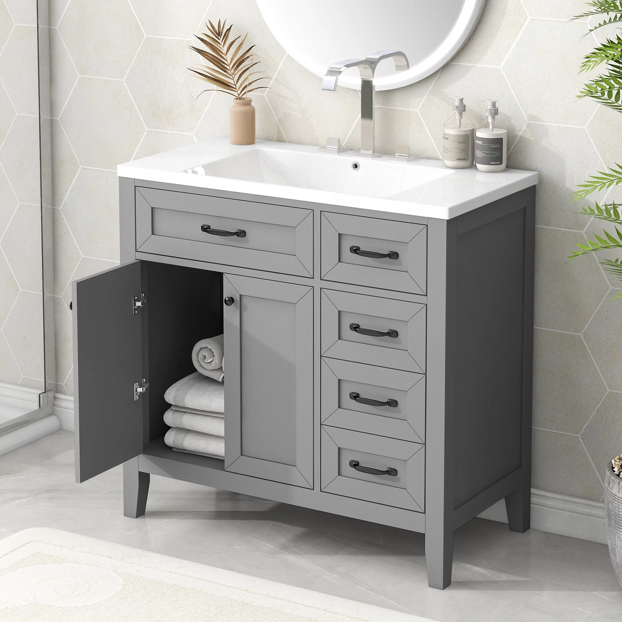 EUROCO 36" Bathroom Vanity with Sink Combo,Modern Freestanding Bathroom Storage Cabinet with 3 Drawers and 2 Doors , Solid Wood Frame,Grey