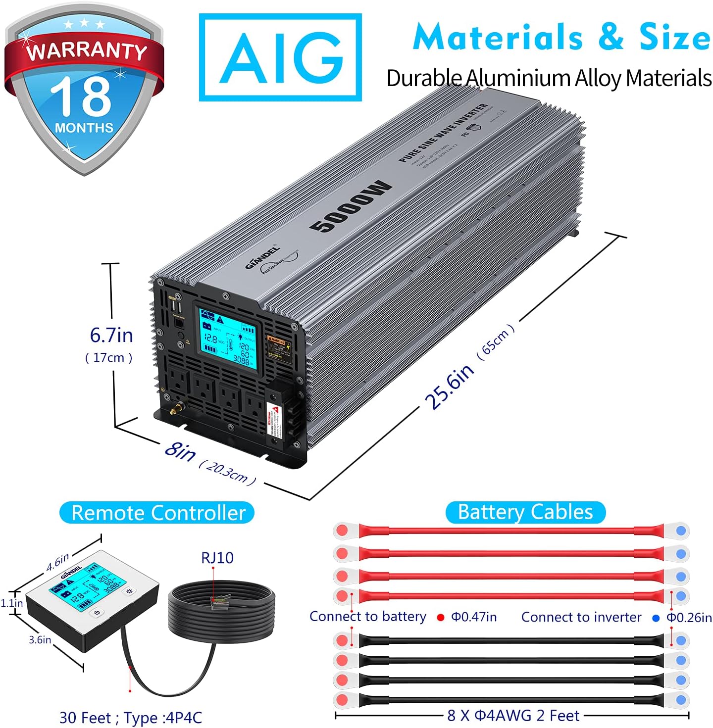 GIANDEL Pure Sine Wave Power Inverter 5000 Watt Converts DC 12 Volt to AC 120 Volt with Hard Wire Terminals & Push Mount Remote Control with LCD