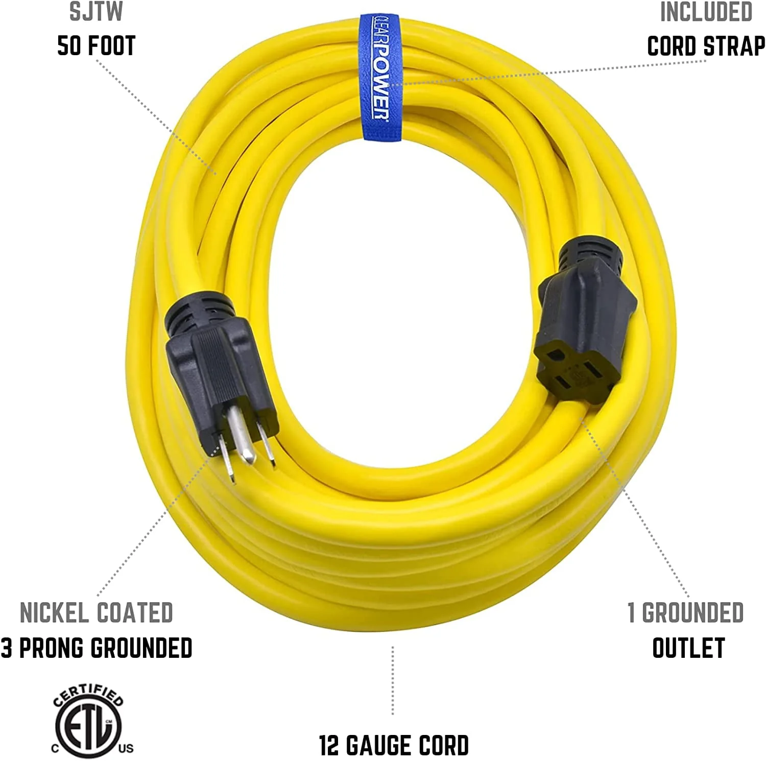 Clear Power 12/3 SJTW 25 ft Heavy Duty Outdoor Extension Cord, Yellow, CP10144