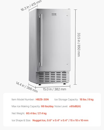 VEVOR Under Counter Ice Maker Machine, Crescent Ice, 25 Lbs/Day Stainless Steel Built in Ice Maker with Reversible Door