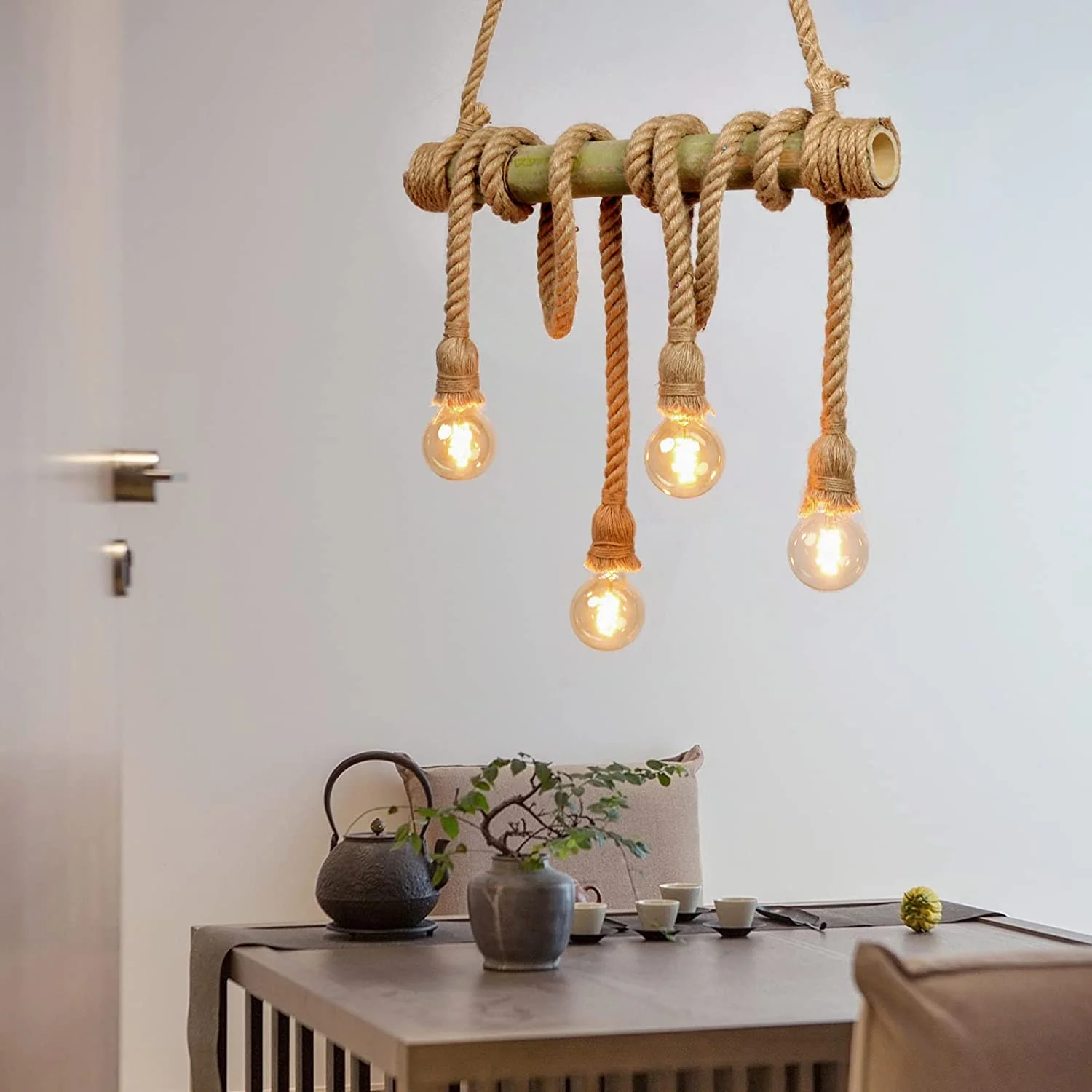 Arturesthome 6 Heads Hemp Rope Pendant Light, Vintage Bamboo Chandeliers Fixture Kitchen Island
