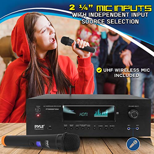 Pyle 1000W 5.2 Channel Home Theater Receiver - Bluetooth 5.0 - Amp w/ 2 UHF Wireless Mics - 4K UHD/3D/Blu-ray Pass-Through