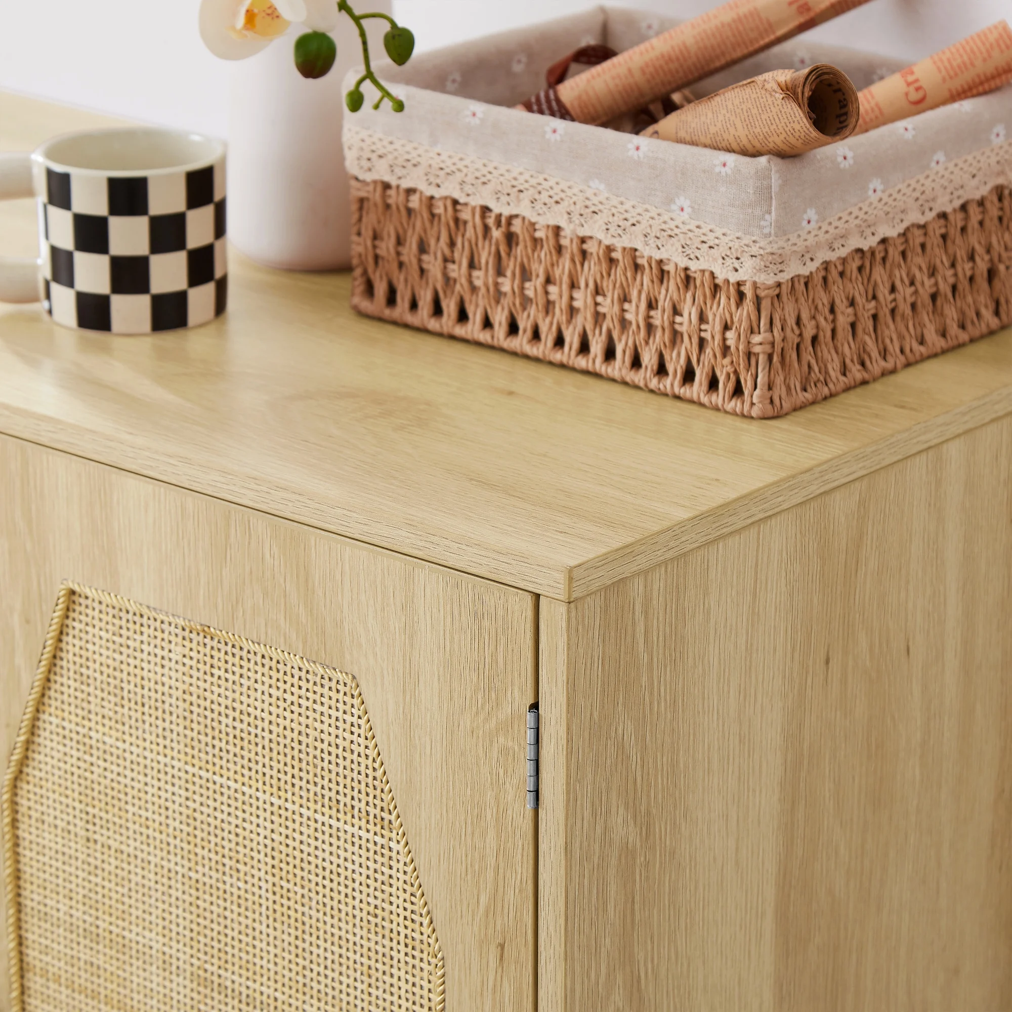 Modern Style Kitchen Storage Cabinet with Rattan Decorative Doors, Buffet, Natural, 31.5''W x 15.8''D x 34.6H.