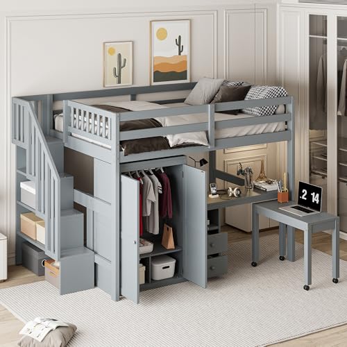 Harper & Bright Designs Twin Size Loft Bed with Stairs and Bookshelf, Wood Twin Storage Bed with Desk & Wardrobe