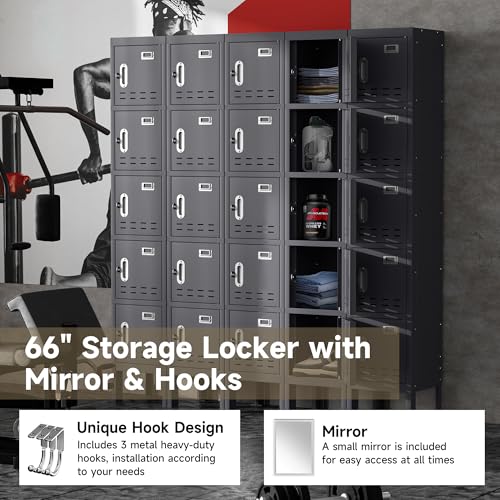 Locker Metal Storage Cabinet, Steel Office Storage Lockable Lockers for Employees Kids School Gym Home Garage Locker with Mirror & Hooks (5 Doors