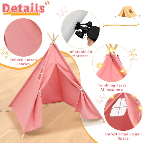 6 Pack Teepee Tent for Kids [Thickened] with Light String and Inflatable Airbed, Slumber Party Tents