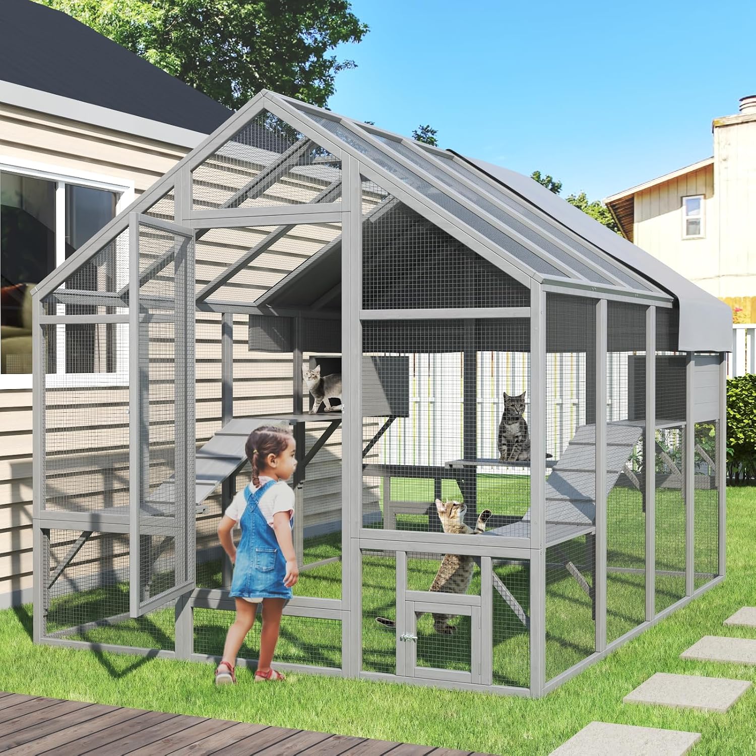 Large Cat Catio, Catio Outdoor Cat Enclosure for Multiple Cats with 7 Platforms, 2 Resting Box and 2 Bridges