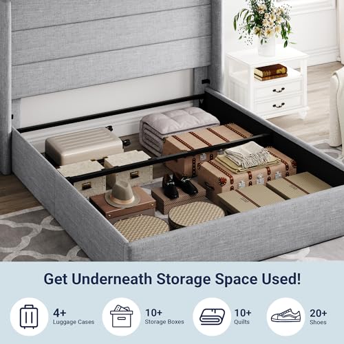 Allewie Full Size Lift Up Storage Bed, Modern Wingback Headboard, Hydraulic Support, No Box Spring Needed, Light Beige