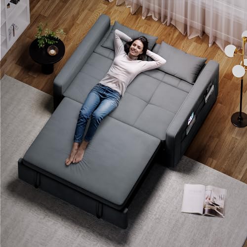 DWVO 55" Convertible Sofa Bed, 3-in-1 Sleeper Sofa with Pull-Out Bed, Velvet Futon Couch with Adjustable Backrest and Side Pocket