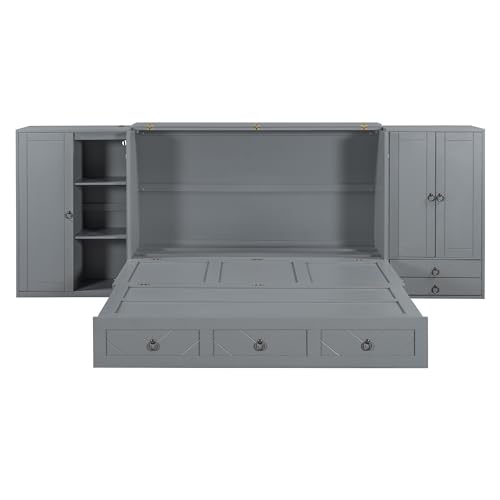 Queen Size Murphy Bed Wall Bed, Solid Pine Murphy Bed Chest Cube Cabinet Bed with USB, Charging Station
