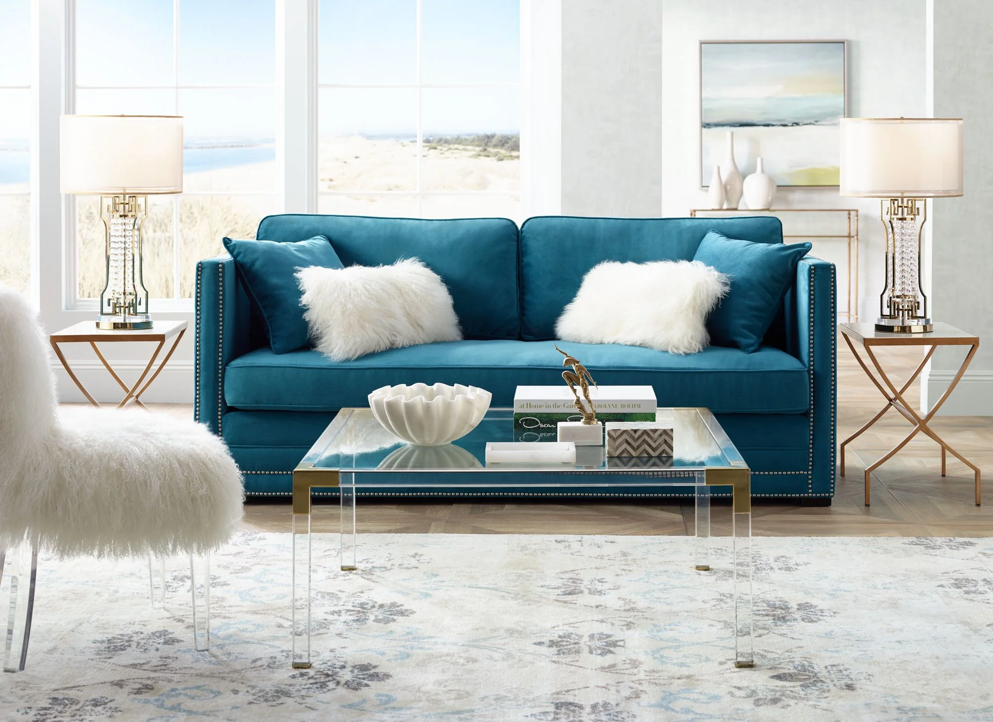 55 Downing Street Hanna Modern Cast Acrylic Square Coffee Table 40" Wide Clear Gold Tempered Glass Tabletop for Living Room Bedroom Bedside Entryway
