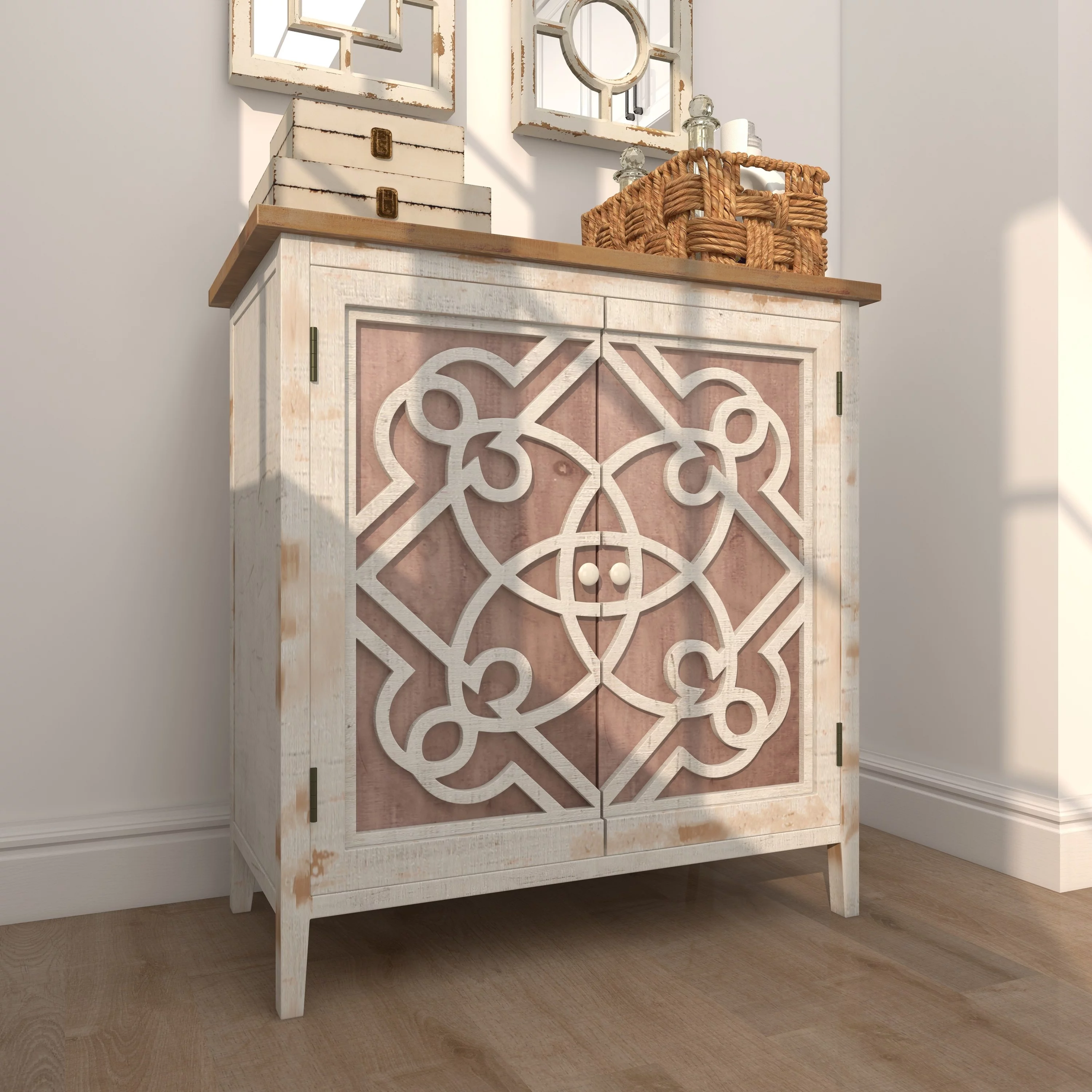 DecMode 28" x 31" Light Brown Wood 1 Shelf and 2 Door Geometric Cabinet with Carved Relief Overlay, 1-Piece