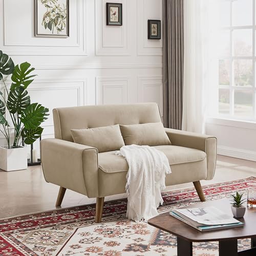 48.8" Small Loveseat Sofa, Mid Century Modern Love Seat Couch with Back Cushions and Wood Legs, 2 Seater Couches for Living Room, Bedroom