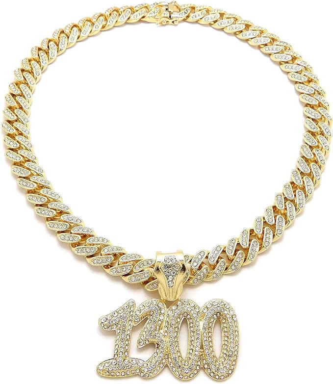 Hip Hop Iced Gold Plated Cubic Zirconia Rapper Style 1300 Bling Pendant & 12mm 16" Iced Cuban Box Lock Chain Necklace Set