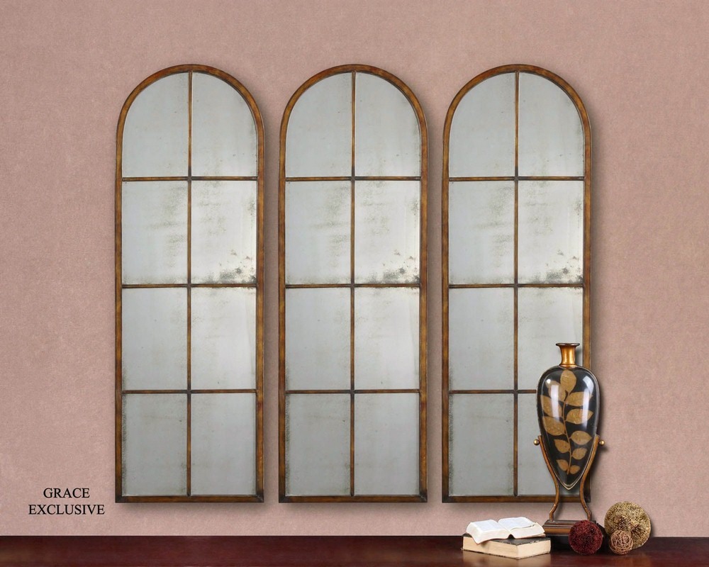 Antique Arch Windowpane Mirror in Maple Brown Wash with Metal Frame and Burnished Details 16.5 inches W X 50 inches H Bailey Street Home