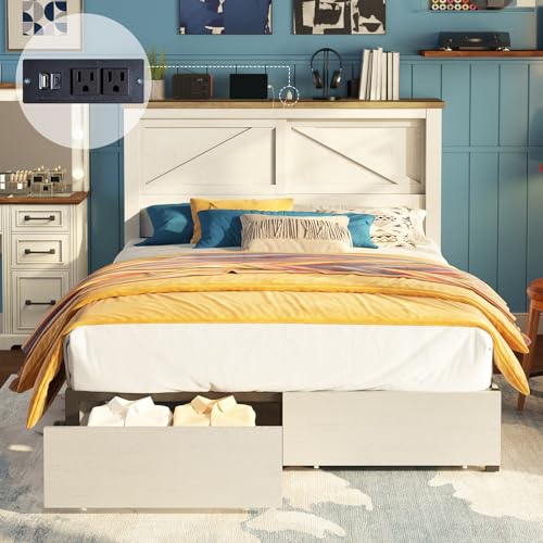 AMERLIFE 47.2" H King Bed Frame with Hidden Space Bookcase Headboard and Charging Station, Beds with 2 Storage Drawers and Wood Slats